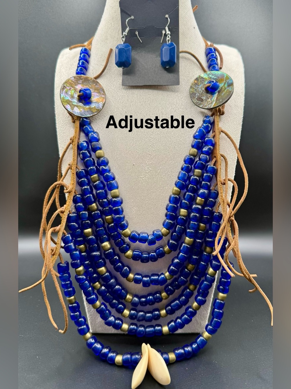Adjustable Blue Multi-Strand Beaded Necklace with Matching Earrings